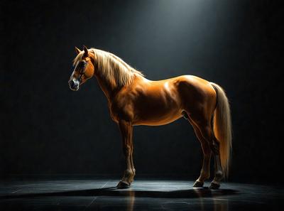 Primary subject: A brown horse standing in a dark room.

Setting/background: The horse is standing on a dark surface, possibly a stage or a room with low lighting.

Visual style: The image is a black and white photo.

Colors and mood: The dominant colors are black and white, creating a moody and dramatic atmosphere.