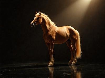 Primary subject: A brown horse standing in a dark room.

Setting/background: The horse is standing on a dark surface, possibly a stage or a dark room.

Visual style: The image is a photo of the horse.

Colors and mood: The horse is the main focus of the image, and its brown color adds warmth to the scene. The dark room or surface creates a moody atmosphere.