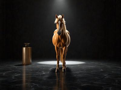 Primary subject: A brown horse standing in a dark room.

Setting/background: The horse is standing in a dark room, with a light shining on it.

Visual style: The image is a photo of the horse.

Colors and mood: The dominant colors are brown and black, with the light shining on the horse creating a contrasting effect. The overall atmosphere is dark and moody.