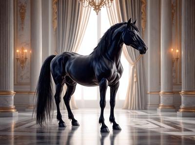 Primary subject: A black horse standing in a room.

Setting/background: The horse is standing in a room with a white and gold color scheme. The room has a fancy and elegant atmosphere.

Visual style: The image is a digital art or illustration of a horse.

Colors and mood: The dominant colors are white and gold, creating a luxurious and sophisticated mood.