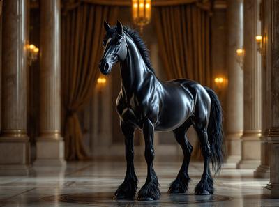 The primary subject of the image is a black horse standing in a large, ornate room. The setting includes a marble floor and a chandelier hanging from the ceiling. The visual style of the image is a combination of photo and digital art, creating a realistic yet artistic representation of the horse. The colors in the image are predominantly black and white, giving the scene a classic and elegant atmosphere.