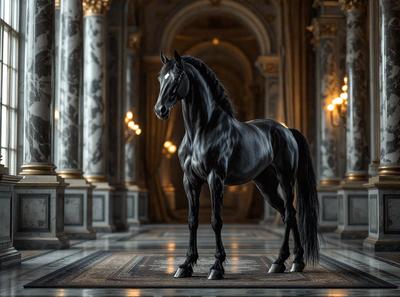 Primary subject: A black horse standing in a hallway.

Setting/background: The horse is standing in a hallway with a marble floor. The background features a large building with columns and a chandelier.

Visual style: The image is a black and white photo.

Colors and mood: The image has a monochromatic color scheme, giving it a classic and timeless feel. The horse's black color contrasts with the white marble floor, creating a striking visual effect.