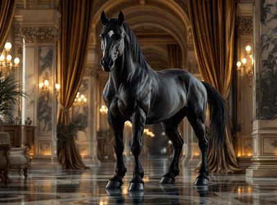 Primary subject: A black horse standing in a large, ornate room.

Setting/background: The horse is standing in a large, ornate room with a marble floor. The room has a grand, palace-like atmosphere.

Visual style: The image is a digital artwork, featuring a black horse in a palace setting.

Colors and mood: The dominant colors in the image are black and white, with a touch of gold from the marble floor. The overall atmosphere is grand and majestic.