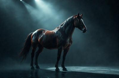 The primary subject of the image is a brown horse standing on a stage. The horse is the main focus of the image, and it appears to be the center of attention. The setting is a stage, which suggests that the horse might be performing or participating in an event. The visual style of the image is a photo, capturing the horse in its natural environment. The colors in the image are predominantly brown, which adds to the overall mood of the scene.