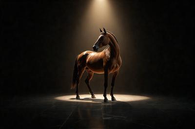 Primary subject: A brown horse standing in a dark room.

Setting/background: The horse is standing on a dark grey floor, with a bright light shining on it.

Visual style: The image is a digital art or illustration of a horse.

Colors and mood: The dominant colors are brown and grey, with the bright light creating a contrasting effect. The overall atmosphere is mysterious and dramatic.