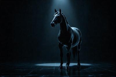 Primary subject: A horse standing in a dark room.

Setting/background: The horse is standing on a dark surface, possibly a stage or a room with low lighting.

Visual style: The image is a black and white photo.

Colors and mood: The image has a moody and dramatic atmosphere, with the horse being the main focus in the dark setting.