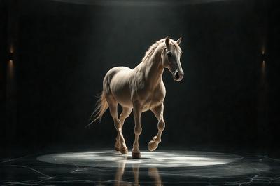 The primary subject of the image is a white horse standing in a dark room. The horse is the main focus of the image, and it appears to be walking or running in the dark. The setting is a dark room, and the visual style is a photo. The colors in the image are predominantly dark, with the white horse being the main source of light. The overall atmosphere of the image is mysterious and dramatic.