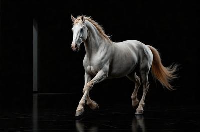 Primary subject: A white horse with a flowing mane.

Setting/background: A dark room with a white horse standing on a black surface.

Visual style: A black and white photo of the horse.

Colors and mood: The image has a monochromatic color scheme, giving it a classic and timeless feel.
