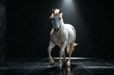 The primary subject of the image is a white horse walking on a black surface. The horse is the main focus of the image, and it appears to be the center of attention. The setting is a dark room, and the visual style is a photo. The colors in the image are predominantly black and white, creating a dramatic and moody atmosphere.