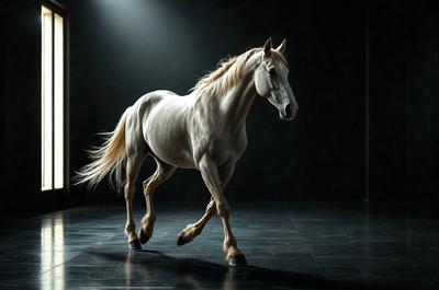 The primary subject of the image is a white horse with a flowing mane, standing in a dark room. The horse appears to be walking or running on a black surface, which contrasts with the white horse. The setting is a dark room, and the visual style is a photo. The colors in the image are predominantly black and white, creating a dramatic and moody atmosphere.