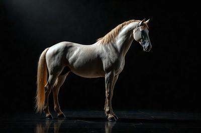 The primary subject of the image is a white horse standing on a dark surface. The horse is the main focus of the image, and it appears to be the center of attention. The setting is a dark room, and the visual style is a black and white photo. The colors and mood of the image are predominantly dark, with the white horse standing out against the dark background.