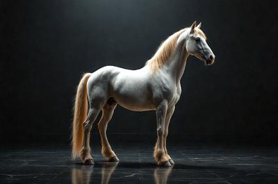 The primary subject of the image is a white horse standing in a dark room. The horse is the main focus of the image, and it appears to be the only object in the scene. The setting is a dark room, which contrasts with the white horse, creating a dramatic and moody atmosphere. The visual style of the image is a photo, capturing the horse in its natural environment. The colors in the image are predominantly dark, with the white horse being the only light source, creating a striking contrast.
