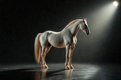 The primary subject of the image is a white horse standing on a black surface. The horse is the main focus of the image, and it appears to be the center of attention. The setting is a dark room, which creates a dramatic and moody atmosphere. The visual style of the image is a black and white photo, which adds to the intensity and artistic quality of the scene. The colors and mood of the image are predominantly dark, with the white horse standing out as the lone light source in the darkness.