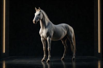 Primary subject: A white horse standing in a dark room.

Setting/background: The horse is standing on a dark surface, possibly a stage or a room with limited lighting.

Visual style: The image is a digital art or illustration of a white horse.

Colors and mood: The image has a black and white color scheme, giving it a dramatic and moody atmosphere.