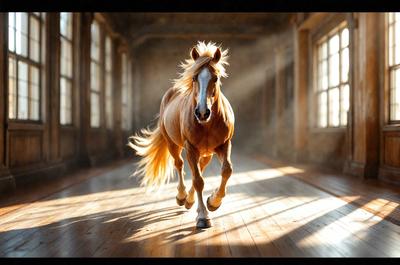 Primary subject: A brown horse with blonde hair running through a room.

Setting/background: The horse is running through a room with a wooden floor.

Visual style: The image is a painting.

Colors and mood: The painting has a warm and vibrant color palette, with the horse's blonde mane and the wooden floor adding to the overall atmosphere.