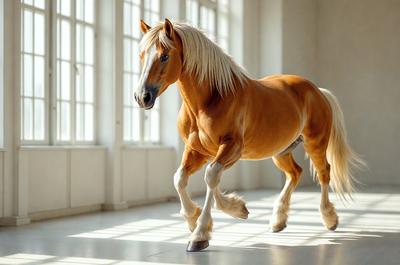 Primary subject: A brown horse with blonde hair, standing in a room with a window.

Setting/background: The horse is standing in a room with a window, and the background is white.

Visual style: The image is a photo of the horse.

Colors and mood: The horse has a warm, earthy color, and the overall atmosphere is calm and serene.