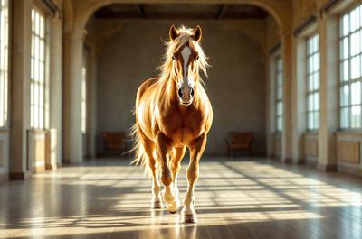 Primary subject: A brown horse with a white face.

Setting/background: A large, empty room with a stone wall.

Visual style: A photo of the horse in the room.

Colors and mood: The horse is brown and white, and the room has a neutral color palette. The overall atmosphere is calm and serene.