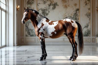 The primary subject of the image is a brown and white spotted horse standing in a room. The horse is positioned in the center of the scene, and its body is the main focus of the image. The setting appears to be a room with a wallpapered background, which adds to the overall atmosphere of the scene. The visual style of the image is a photo, capturing the horse in its natural environment. The colors and mood of the image are warm and inviting, with the brown and white spots on the horse'