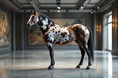 Primary subject: A brown and white spotted horse standing in a room.

Setting/background: The horse is standing in a room with a painting in the background.

Visual style: The image is a photo of the horse.

Colors and mood: The horse has brown and white spots, and the overall atmosphere is calm and serene.
