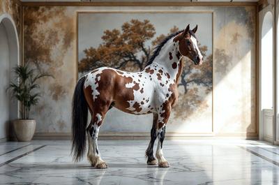 Primary subject: A brown and white spotted horse standing in a room.

Setting/background: The horse is standing in front of a painting, which is on the wall. The room appears to be a studio or a place for artistic expression.

Visual style: The image is a photo of the horse in the room.

Colors and mood: The horse has brown and white spots, and the room has a warm and inviting atmosphere.