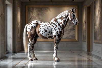 The primary subject of the image is a brown and white spotted horse standing in a room. The horse is positioned in the center of the room, and its presence creates a sense of depth and contrast. The setting includes a wall with a painting, which adds an artistic element to the scene. The visual style of the image is a combination of photo and digital art, creating a unique and captivating representation of the horse. The colors and mood of the image are predominantly brown and white, with a touch of warmth