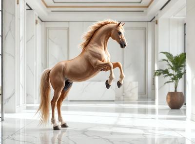 Primary subject: A horse with a blonde mane and tail, standing on a marble floor.

Setting/background: The horse is standing in a large, white room with a marble floor.

Visual style: The image is a digital artwork, featuring a horse in a white room.

Colors and mood: The horse has a blonde mane and tail, and the overall atmosphere of the image is elegant and sophisticated.
