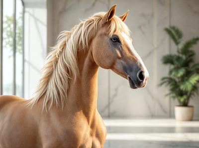The primary subject of the image is a brown horse with blonde hair. The horse is standing in a room with a white marble wall, which serves as the setting for the scene. The visual style of the image is a photo, capturing the horse's features and the room's ambiance. The colors in the image are predominantly brown and white, creating a warm and natural atmosphere.
