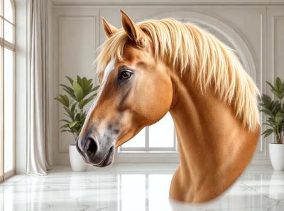 The primary subject of the image is a horse's head, which is prominently displayed in the foreground. The setting is a room with a window, and the visual style appears to be a combination of photo and digital art. The colors in the image are predominantly brown, and the overall atmosphere is one of natural beauty and elegance.