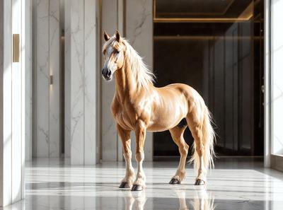 Primary subject: A brown horse standing in a marble-floored room.

Setting/background: The horse is standing in a large, marble-floored room, which appears to be a hallway or a lobby.

Visual style: The image is a photo of the horse in the room.

Colors and mood: The room has a white and marble color scheme, giving it a clean and elegant appearance. The horse's brown color contrasts with the white marble,
