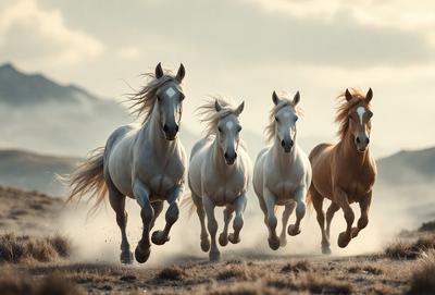 Primary subject: Five white horses running in a field.

Setting/background: The horses are running in a field with a mountain in the background.

Visual style: The image is a photo of the horses in motion.

Colors and mood: The image has a warm and dynamic atmosphere, with the white horses contrasting against the natural backdrop of the field and mountain.
