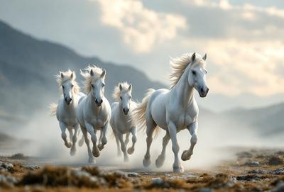 Primary subject: A group of white horses running on a dirt road.

Setting/background: The horses are running on a dirt road, with mountains in the background.

Visual style: The image is a photo of the horses running.

Colors and mood: The image has a warm and natural color palette, with the white horses and the dirt road creating a sense of motion and energy.