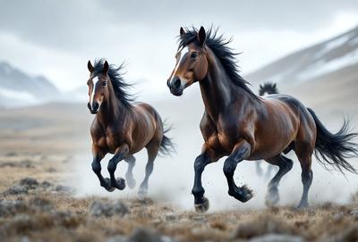 Primary subject: Two horses running in a field.

Setting/background: A field with mountains in the background.

Visual style: A photo of the two horses running.

Colors and mood: The image is in black and white, giving it a classic and timeless feel. The horses are the main focus, and their movement and energy are captured in the photo.