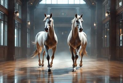 The primary subject of the image is two white horses walking down a hallway. The setting is a large, well-lit room with a wooden floor. The visual style is a photo, capturing the horses in their natural environment. The colors and mood of the image are predominantly white, giving it a clean and serene atmosphere.