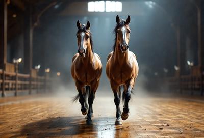 Primary subject: Two brown horses running side by side.

Setting/background: A large, dark room with a wooden floor.

Visual style: A photo of the two horses running.

Colors and mood: The horses are brown, and the overall atmosphere is energetic and dynamic.