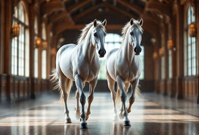The primary subject of the image is two white horses walking down a hallway. The setting is a large building, possibly a barn or a stable, with a wooden floor. The visual style appears to be a photo, capturing the horses in their natural environment. The colors and mood of the image are predominantly neutral, with the white horses and wooden floor creating a calm and serene atmosphere.