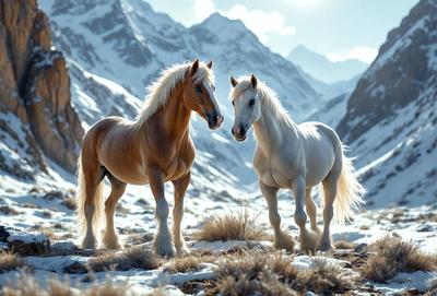 Primary subject: Two horses standing in the snow.

Setting/background: The horses are standing in a snowy mountain range, with a mountainous background.

Visual style: The image is a photo of the two horses in the snow.

Colors and mood: The image has a cold and serene atmosphere, with the snowy landscape and the horses' white coats.