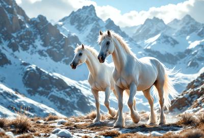 Primary subject: Two white horses standing on a snowy mountain.

Setting/background: The horses are standing on a snow-covered mountain, with a beautiful mountain range in the background.

Visual style: The image is a photo of the two white horses on the snowy mountain.

Colors and mood: The image has a cold and serene atmosphere, with the white horses and snowy mountain creating a striking contrast against the blue sky.
