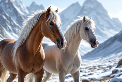 The primary subject of the image is a pair of horses standing in a snowy environment. The setting includes a mountainous background, adding to the picturesque scene. The visual style of the image is a digital art, which gives it a unique and artistic appearance. The colors and mood of the image are predominantly white and cold, reflecting the snowy landscape and the chilly atmosphere.