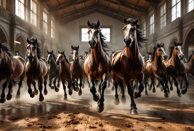 Primary subject: Horses
Setting/background: Barn
Visual style: Digital art
Colors and mood: Brown and black