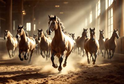 Primary subject: A brown horse running in a dirt field.

Setting/background: The horse is running in a dirt field, with a building visible in the background.

Visual style: The image is a photo of the horse running.

Colors and mood: The dominant colors are brown and orange, with a dusty and energetic atmosphere.