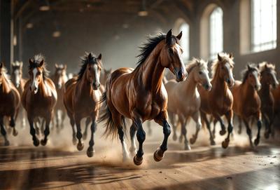 Primary subject: A brown horse running in a dirt-covered arena.

Setting/background: The horse is running in a large arena, with a dirt floor.

Visual style: The image is a digital artwork, featuring a brown horse in motion.

Colors and mood: The image has a warm and dynamic color palette, with the brown horse as the main focus.