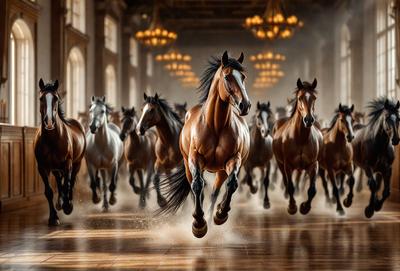 Primary subject: A brown horse running in a hallway.

Setting/background: The horse is running through a hallway with chandeliers hanging above.

Visual style: The image is a digital art or illustration.

Colors and mood: The dominant colors are brown and white, with a sense of motion and energy.