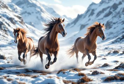 Primary subject: Three brown horses running in the snow.

Setting/background: A snowy mountain range serves as the backdrop for the scene.

Visual style: The image is a photo of the three horses running in the snow.

Colors and mood: The dominant colors are brown and white, with the snow adding a cold and wintry atmosphere to the scene.