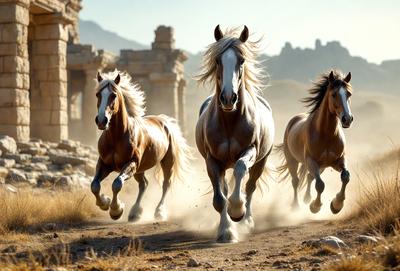 Primary subject: Three horses running in a dirt field.

Setting/background: Ancient ruins in the background.

Visual style: Digital art.

Colors and mood: The image is in sepia tone, giving it a vintage and nostalgic feel.