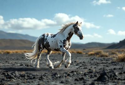 Primary subject: A white and brown spotted horse running in a field.

Setting/background: The horse is running in a field with mountains in the background.

Visual style: The image is a photo of the horse in motion.

Colors and mood: The horse is predominantly white with brown spots, and the overall atmosphere is energetic and dynamic.