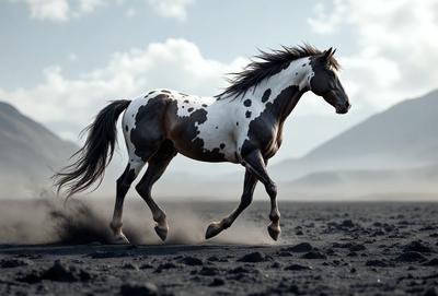 Primary subject: A white and brown spotted horse running in a dusty field.

Setting/background: The horse is running in a dusty field, with mountains visible in the background.

Visual style: The image is a digital art or illustration of the horse running.

Colors and mood: The dominant colors are brown, white, and black, creating a dynamic and energetic mood.