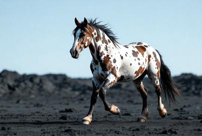 Primary subject: A brown and white spotted horse.

Setting/background: A black and white photo of the horse.

Visual style: A black and white photo of the horse.

Colors and mood: The horse has brown and white spots, and the overall atmosphere is calm and focused.