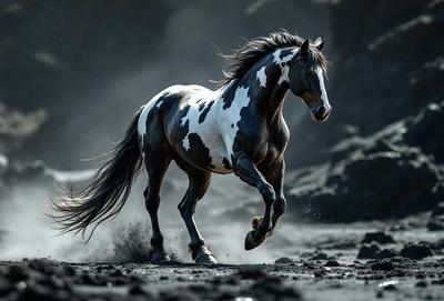 Primary subject: A black and white horse with a white spot on its face.

Setting/background: The horse is running on a dirt road or a beach, with a rocky surface in the background.

Visual style: The image is a black and white photo, giving it a classic and timeless appearance.

Colors and mood: The dominant colors are black, white, and grey, creating a dramatic and moody atmosphere.