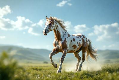 Primary subject: A brown and white spotted horse running in a field.

Setting/background: The horse is running in a grassy field with mountains in the background.

Visual style: The image is a digital art illustration of a horse running in a field.

Colors and mood: The dominant colors are brown, white, and green, creating a lively and natural atmosphere.