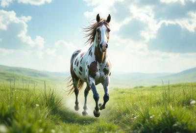 Primary subject: A brown and white horse running through a grassy field.

Setting/background: The horse is running through a lush green field, with a cloudy sky in the background.

Visual style: The image is a digital art illustration of a horse running through a field.

Colors and mood: The dominant colors are green from the grass and blue from the sky. The overall atmosphere is energetic and dynamic, as the horse is captured in motion.